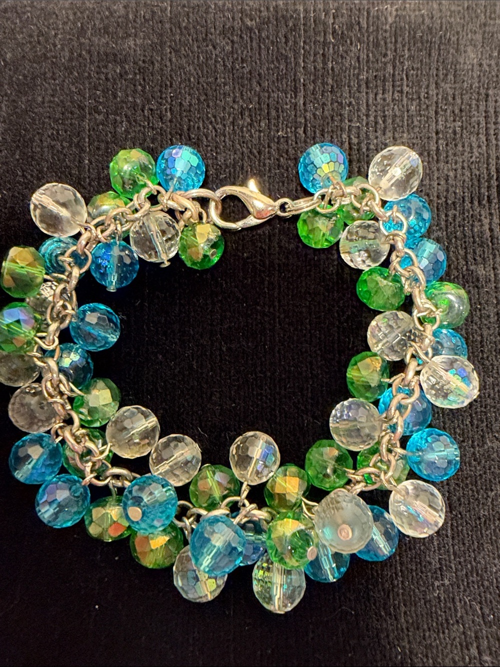 Crystal Bead Charm Bracelet - Blue, Green & Clear size 7 to 7 1/2  P24